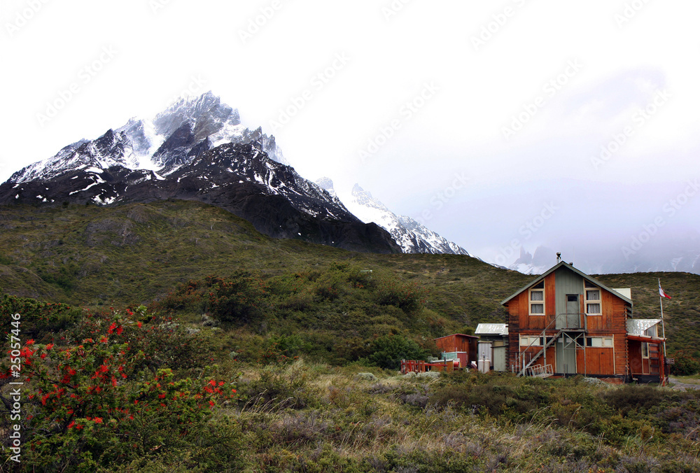 Torres del Paine mountain and a hut