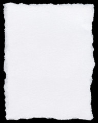 White torn paper page isolated on a black background.
