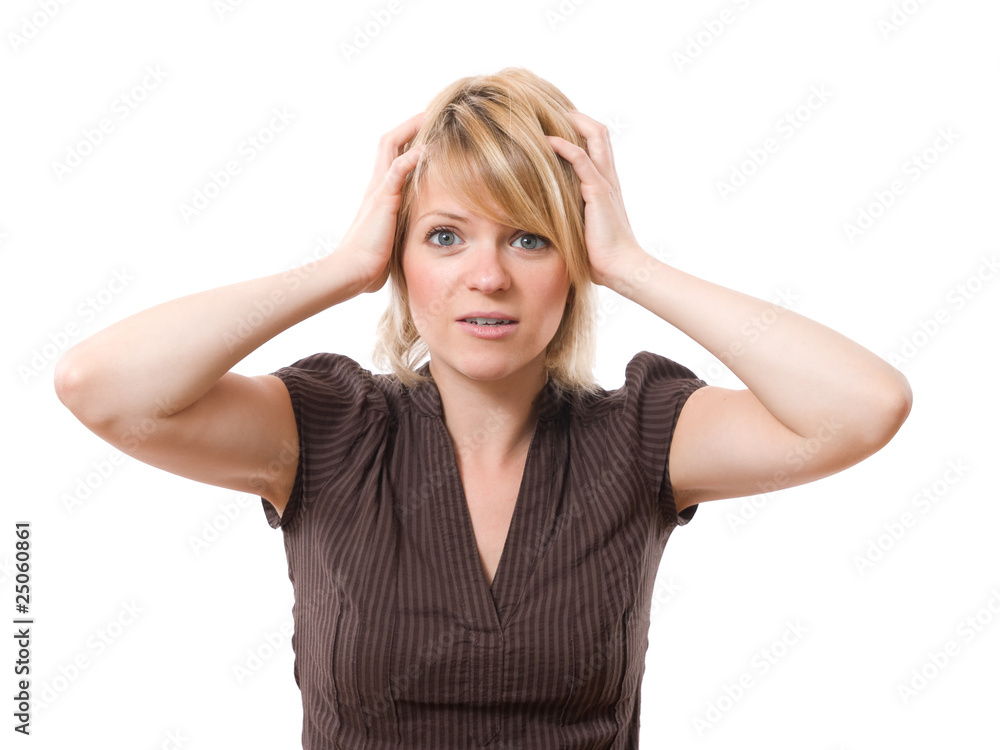 scared businesswoman with hands on the head isolated on white scared businesswoman with hands on the head isolated on white
