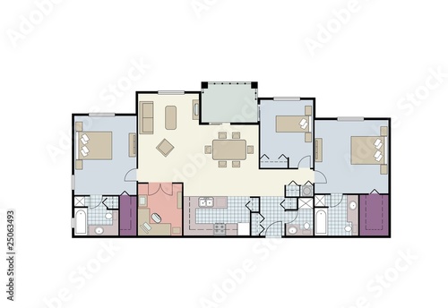 Floor plan of three-bedroom apartment with furniture
