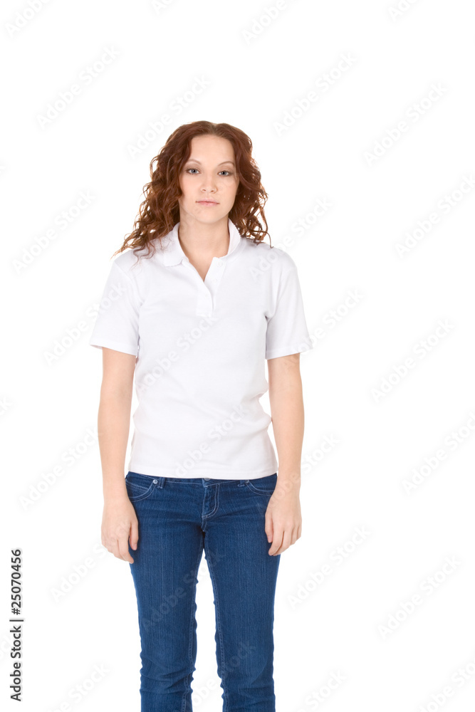 Obraz premium Young redhead woman in white polo shirt and jeans