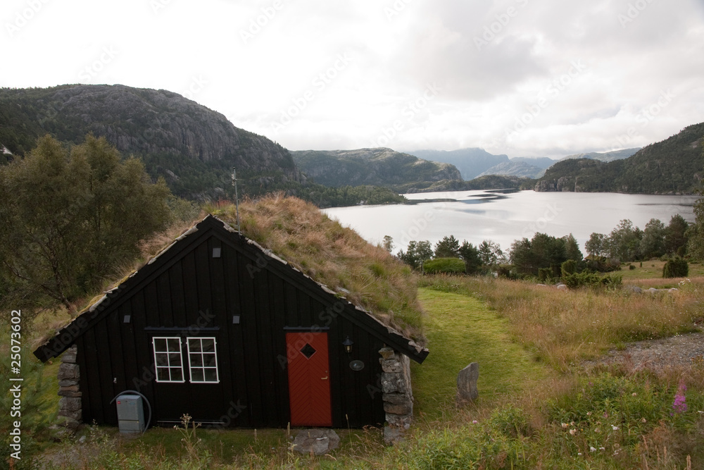 a norwegian little and typical wooden house with a red door and roof full of grass near a lake between the mountains in a cloudy summer day