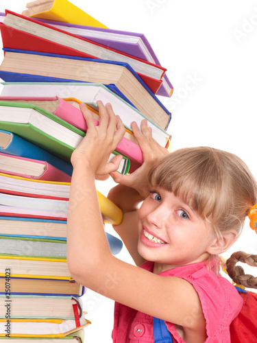 Child with pile of books.