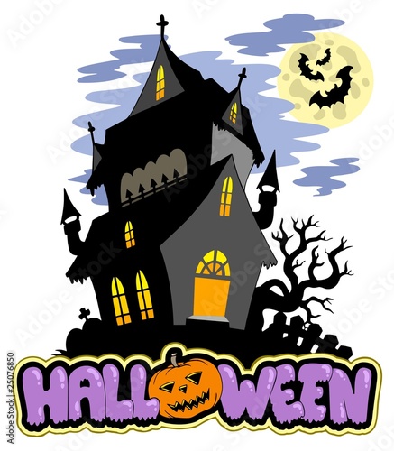 Halloween sign with haunted mansion