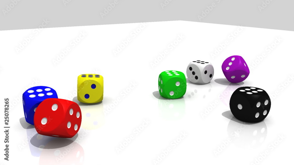 3D rolling multicolour dices against a white background 3D rolling multicolour dices against a white background
