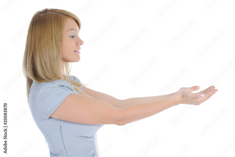woman looks at her open palm. woman looks at her open palm.