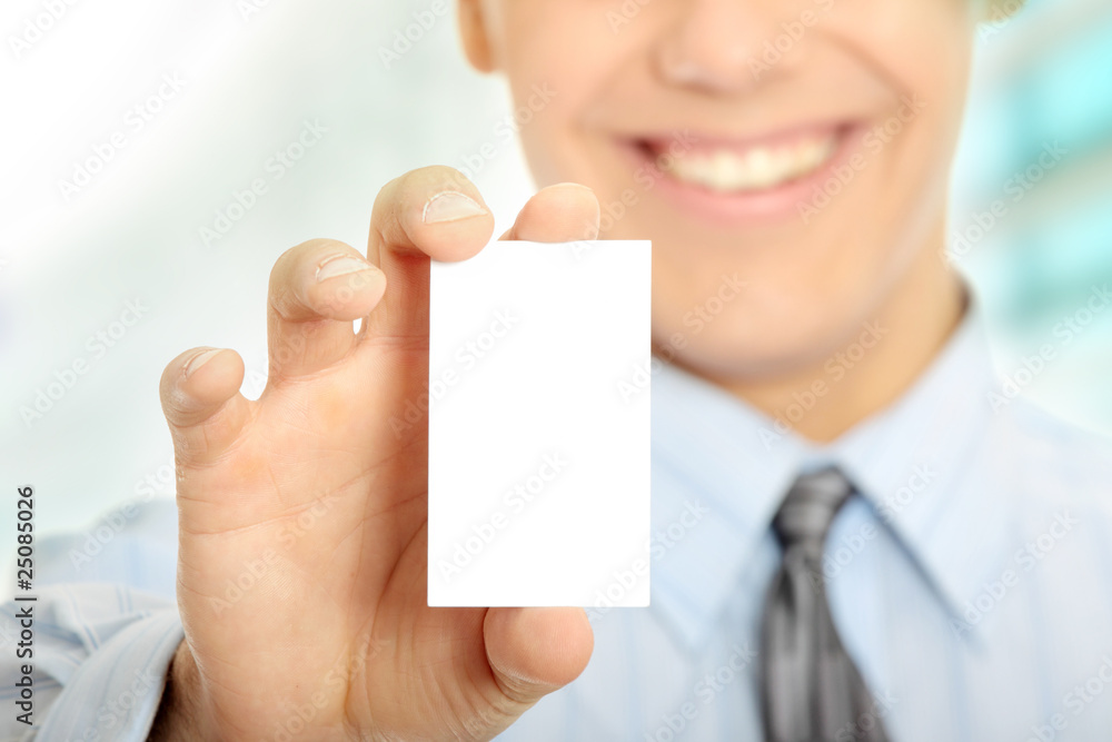 Business man with blank business card Business man with blank business card