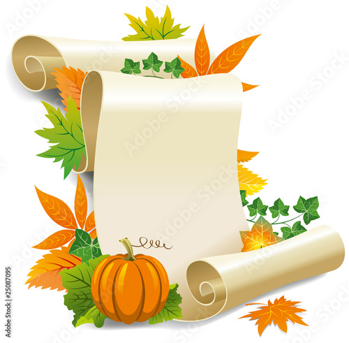 Roll of old paper and autumn leaves