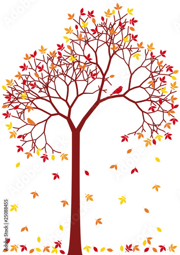 colorful autumn tree with falling leaves, vector