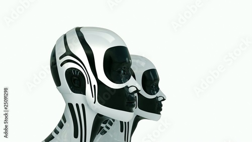 Three robot's heads in row isolated on white video