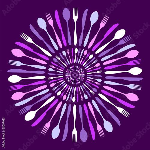 Cutlery circle mandala pattern over violet.