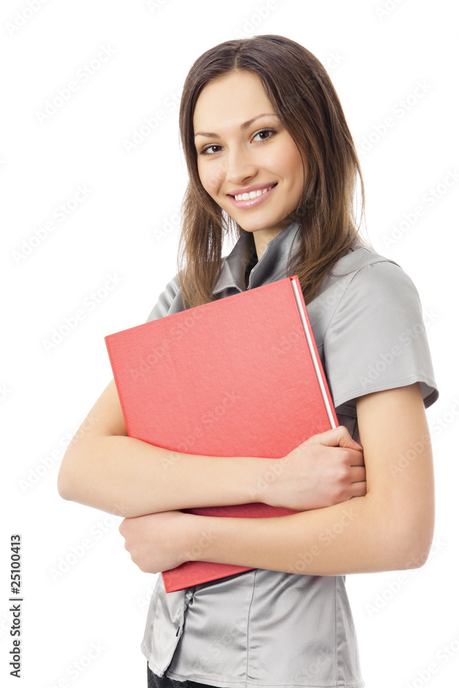 Happy businesswoman with red folder, isolated on white Happy businesswoman with red folder, isolated on white