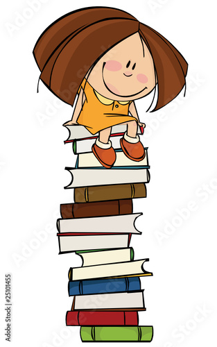 Girl sitting on a big pile of books