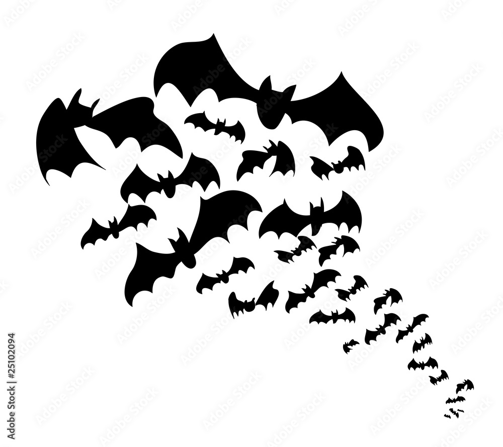 Stormo di pipistrelli neri in volo Stormo di pipistrelli neri in volo