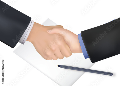 Handshake over paper and pen. Photo-realistic vector.