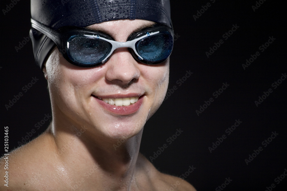 Portrait of Man Wearing Swimming Cap and Goggles Portrait of Man Wearing Swimming Cap and Goggles