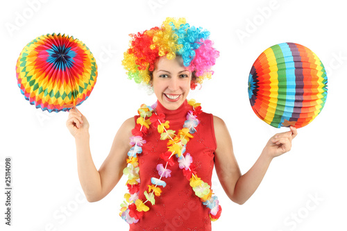 young beauty woman in clown wig, flower garland and balls