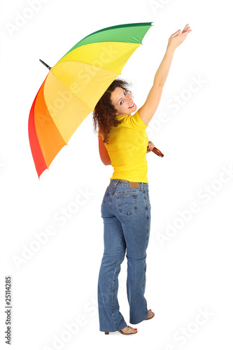 beauty woman in yellow shirt with multicolored umbrella