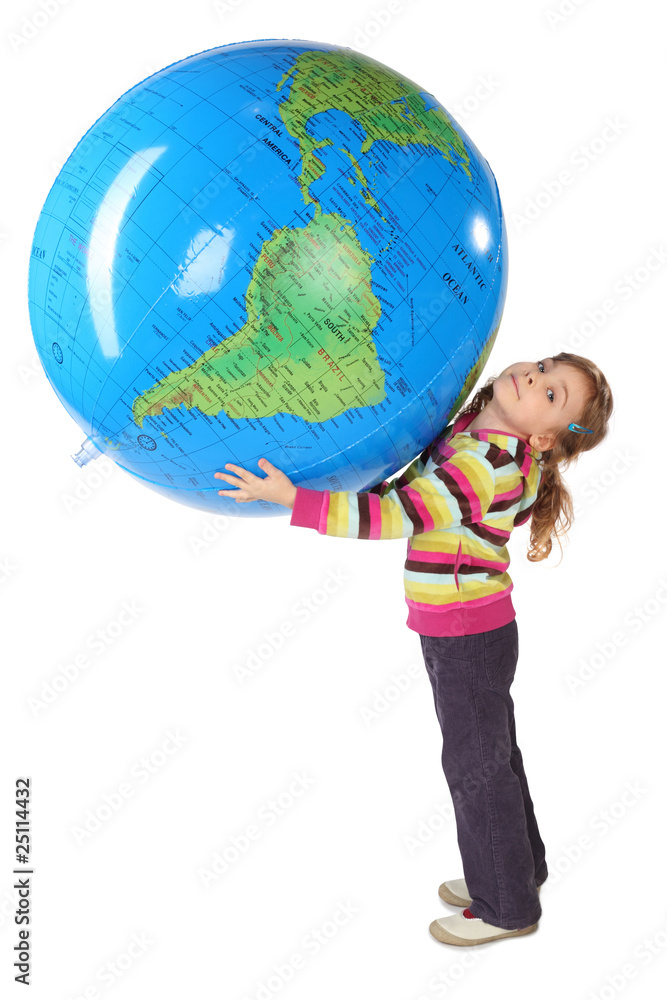 girl standing and holding big inflatable globe over her head girl standing and holding big inflatable globe over her head