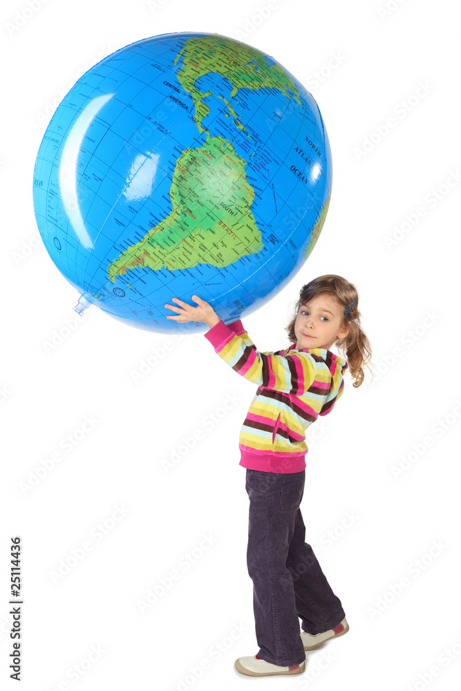 little girl standing and holding big inflatable globe over head little girl standing and holding big inflatable globe over head