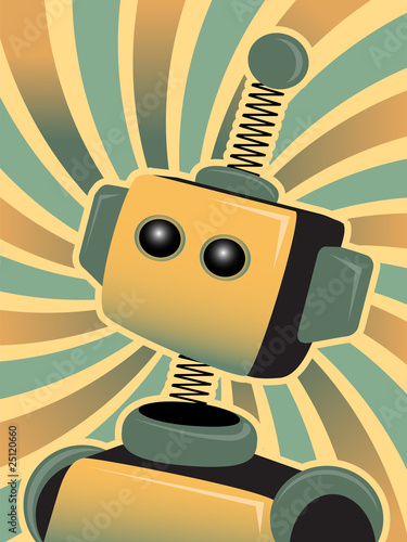Golden Blue Robot looks up swirly colorful background