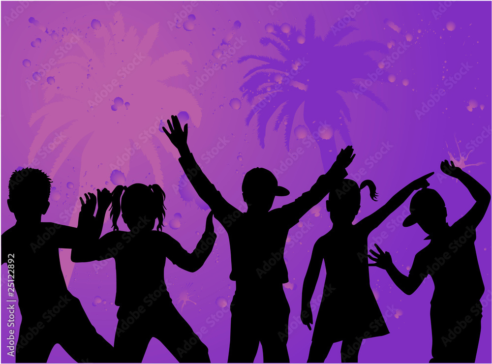 Silhouettes of children - purple background with palm Silhouettes of children - purple background with palm