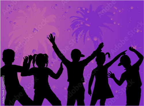 Silhouettes of children - purple background with palm