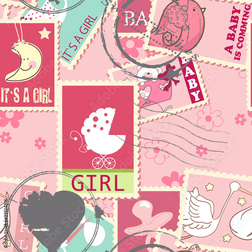 seamless pattern with baby girl postage stamps