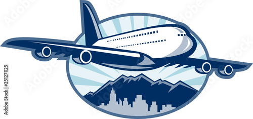 jumbo jet airplane flying with cityscape