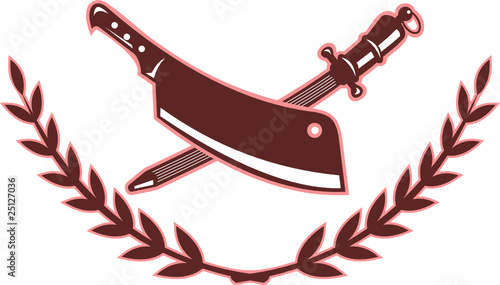 butcher's knife and metal sharpener with olive branch