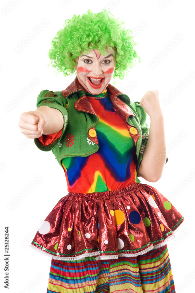 Portrait of joyful female clown. Isolated Portrait of joyful female clown. Isolated