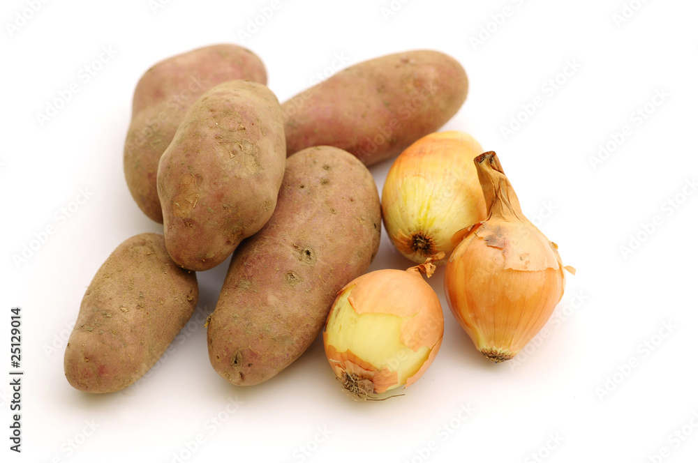 Onion with potatoes on white background Onion with potatoes on white background