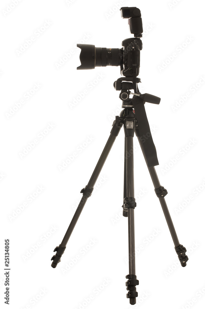 Tripod and professional DSLR camera with external flash Tripod and professional DSLR camera with external flash
