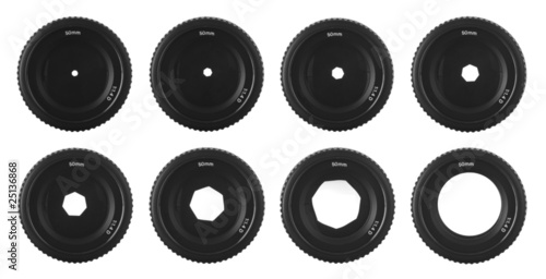 Various apertures, numbers NOT shown, on a 50mm lens