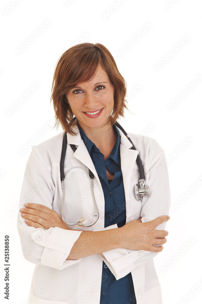 Portrait of young woman doctor with white coat crossing arms Portrait of young woman doctor with white coat crossing arms