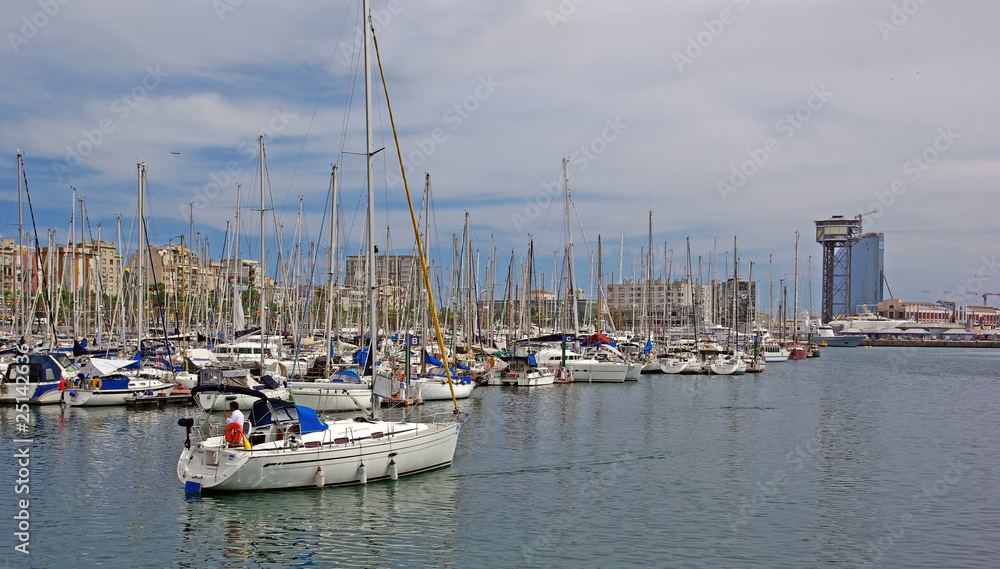 Yachts and sail boats in Barcelona harbour.