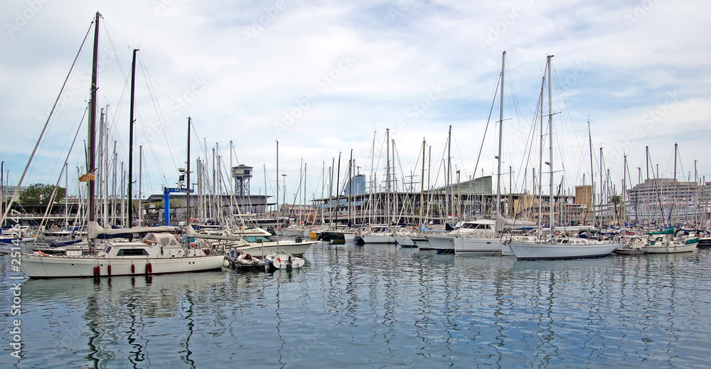 Yachts and sail boats in Barcelona harbour.