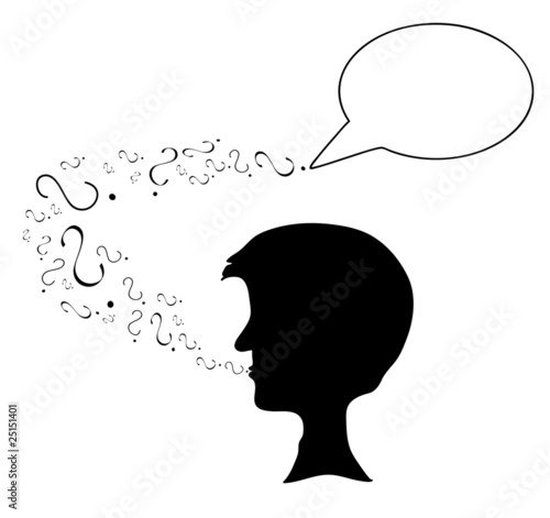 Black silhouette head,question marks,frame for text, vector