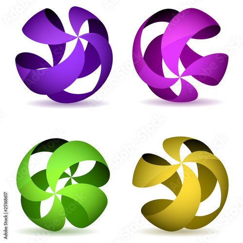 Color four striped wireframe spheres.