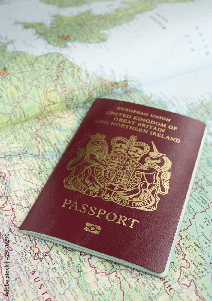 Great Britain passport and partial map of Europe Great Britain passport and partial map of Europe