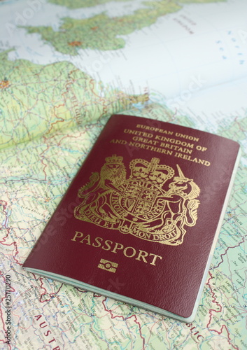 Great Britain passport and partial map of Europe