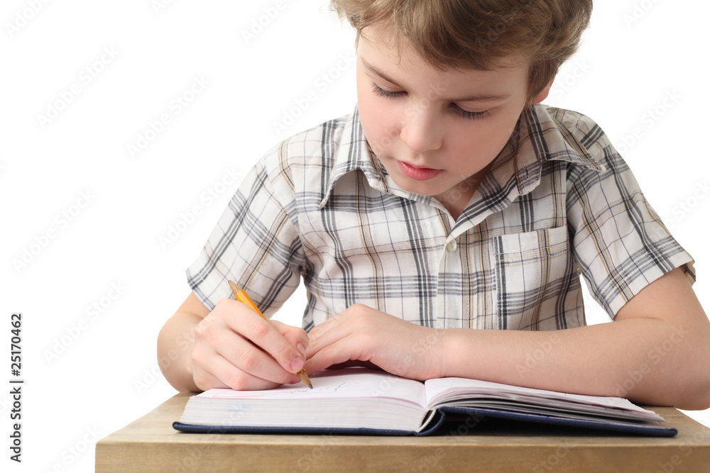 little caucasian boy painting in notebook, half body, front view little caucasian boy painting in notebook, half body, front view