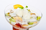 exotic vanilla ice cream with fruits served in margarita glass
