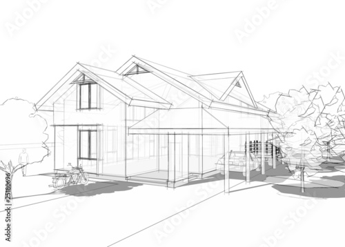 3D illustration of a large house in blueprint style