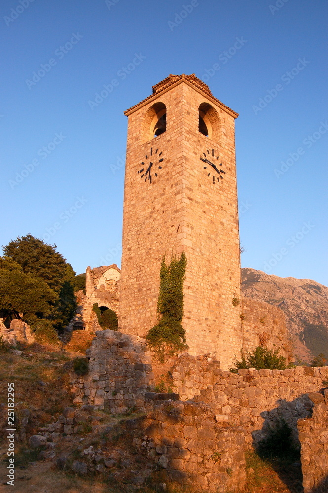 Clock tower among ruins of Stari Bar, Montenegro