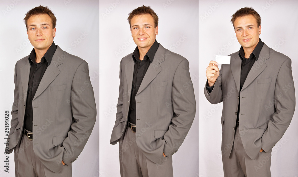 Series of photos smiling businessman with business card Series of photos smiling businessman with business card