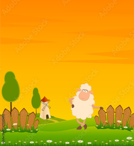 landscape background with cartoon smiling sheep