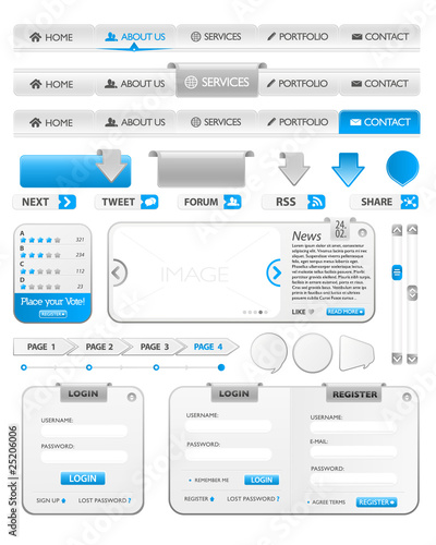 Web design elements pack 2 with silver and blue color