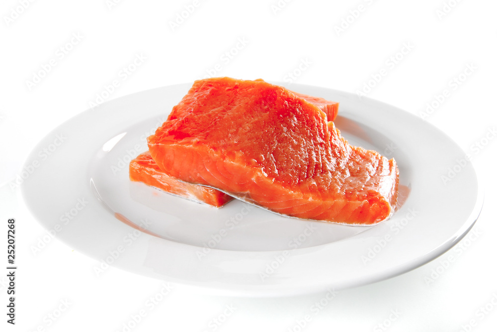 fresh smoked salmon on white plate fresh smoked salmon on white plate