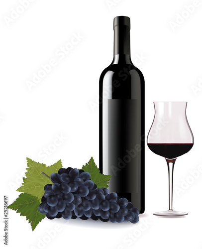 A wine bottle and glass of wine and some grapes. Vector.